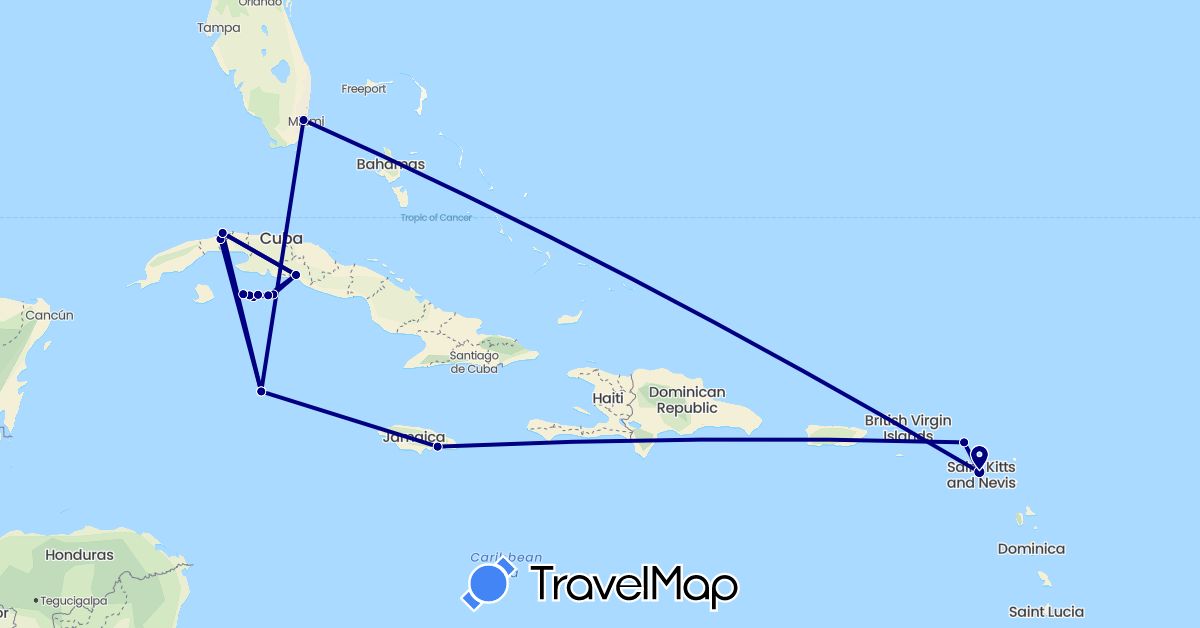 TravelMap itinerary: driving in Cuba, Jamaica, Saint Kitts and Nevis, Cayman Islands, Netherlands, United States (Europe, North America)